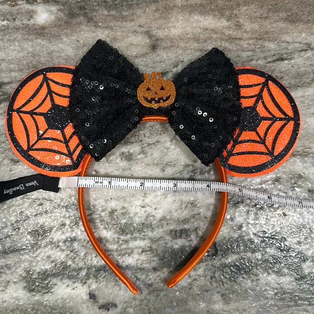 Halloween Pumpkin Minnie Mouse Sequin Ears Headband NEW Bow Spider Webs